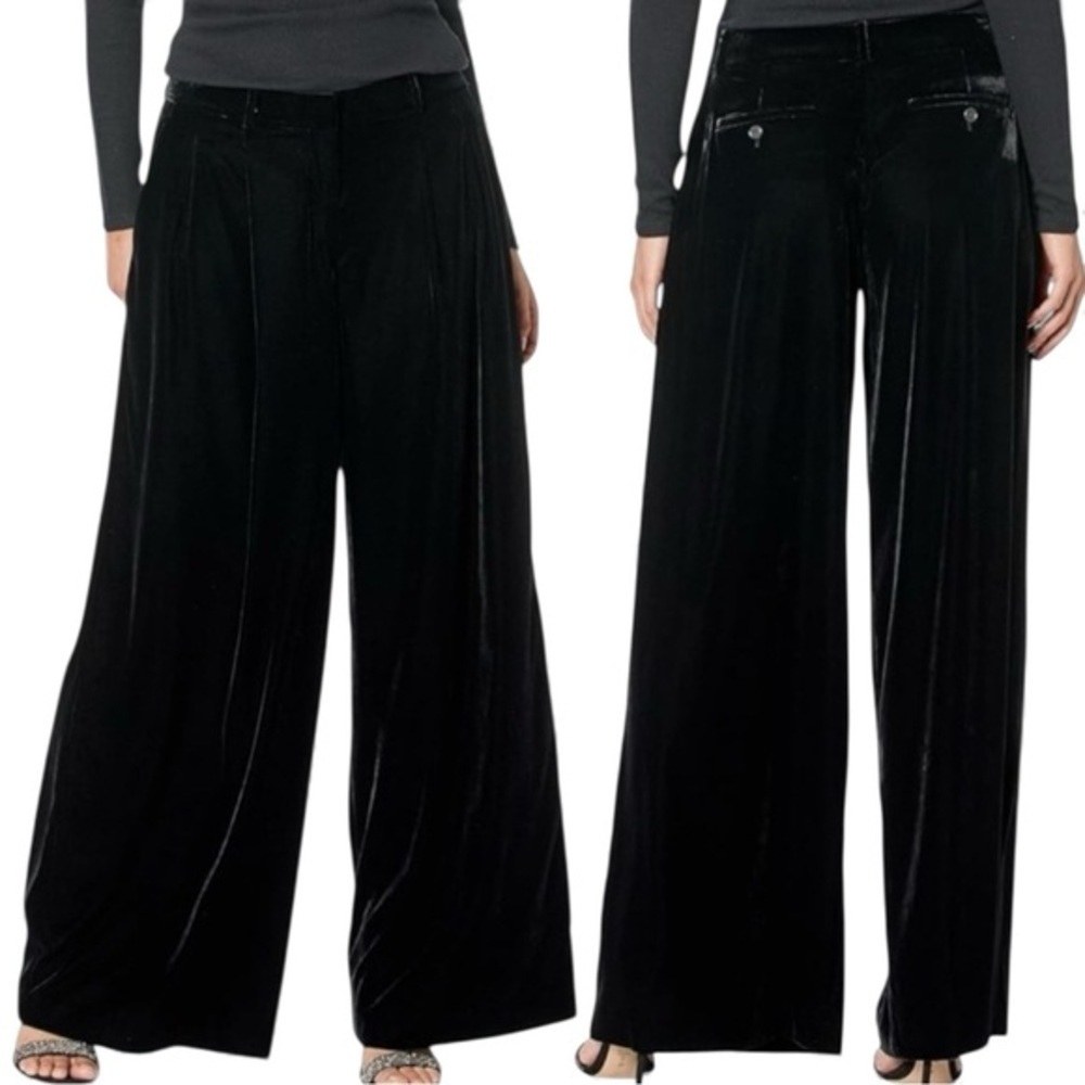 NWT Designer Theory Black Drape Velvet Low Rise Pleated Wide Leg Trouser Pant 14 - Picture 2 of 8